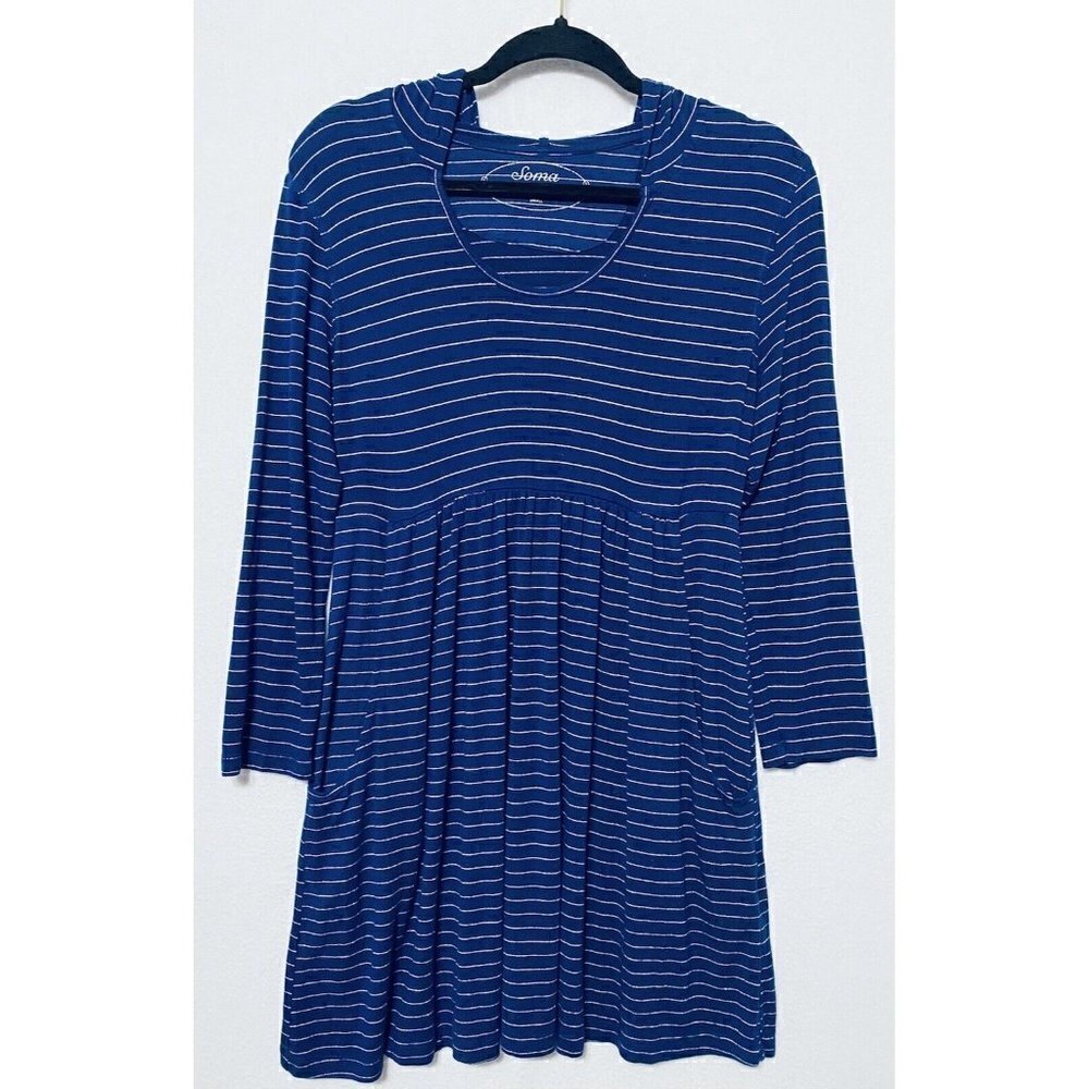 Soma Hoodie Lounge Dress Womens Small Blue Silver Metallic Stiped Pockets Comfy